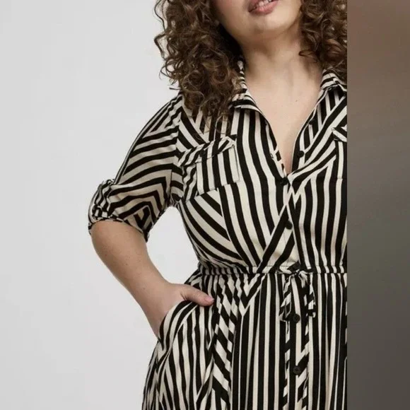 NWT Torrid Black Striped Midi Challis Button Up Shirt Dress Pockets Size 2X - Picture 2 of 10